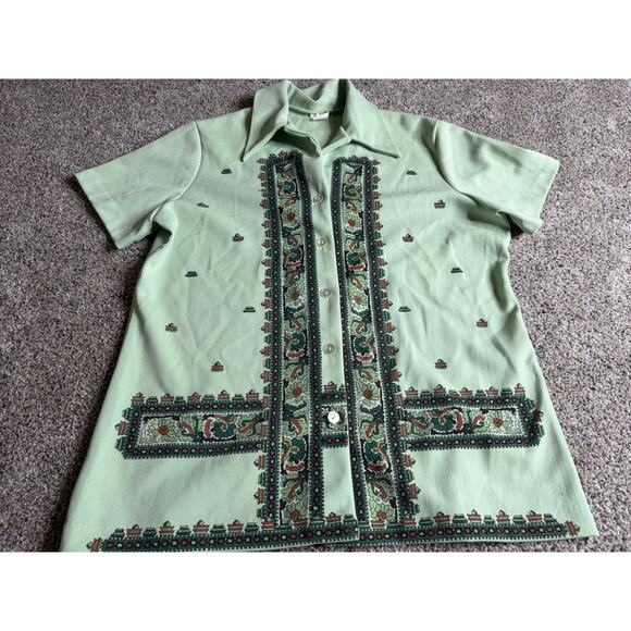 Vintage 70's Mint Green Floral Button Down Shirt Ugly Hippie Mod Retro Disco - Picture 1 of 5